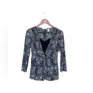 Covington Vintage Y2K Black White Abstract 3/4 sleeve blouse Medium Grunge